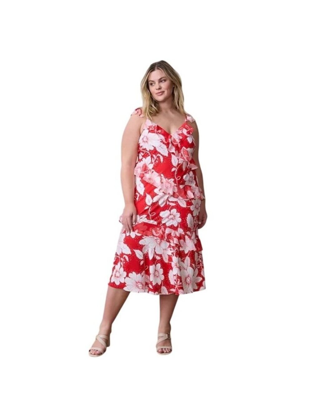 LC Lauren Conrad Womens Red White Floral Ruffle Midi Dress Plus Sz 2X NEW